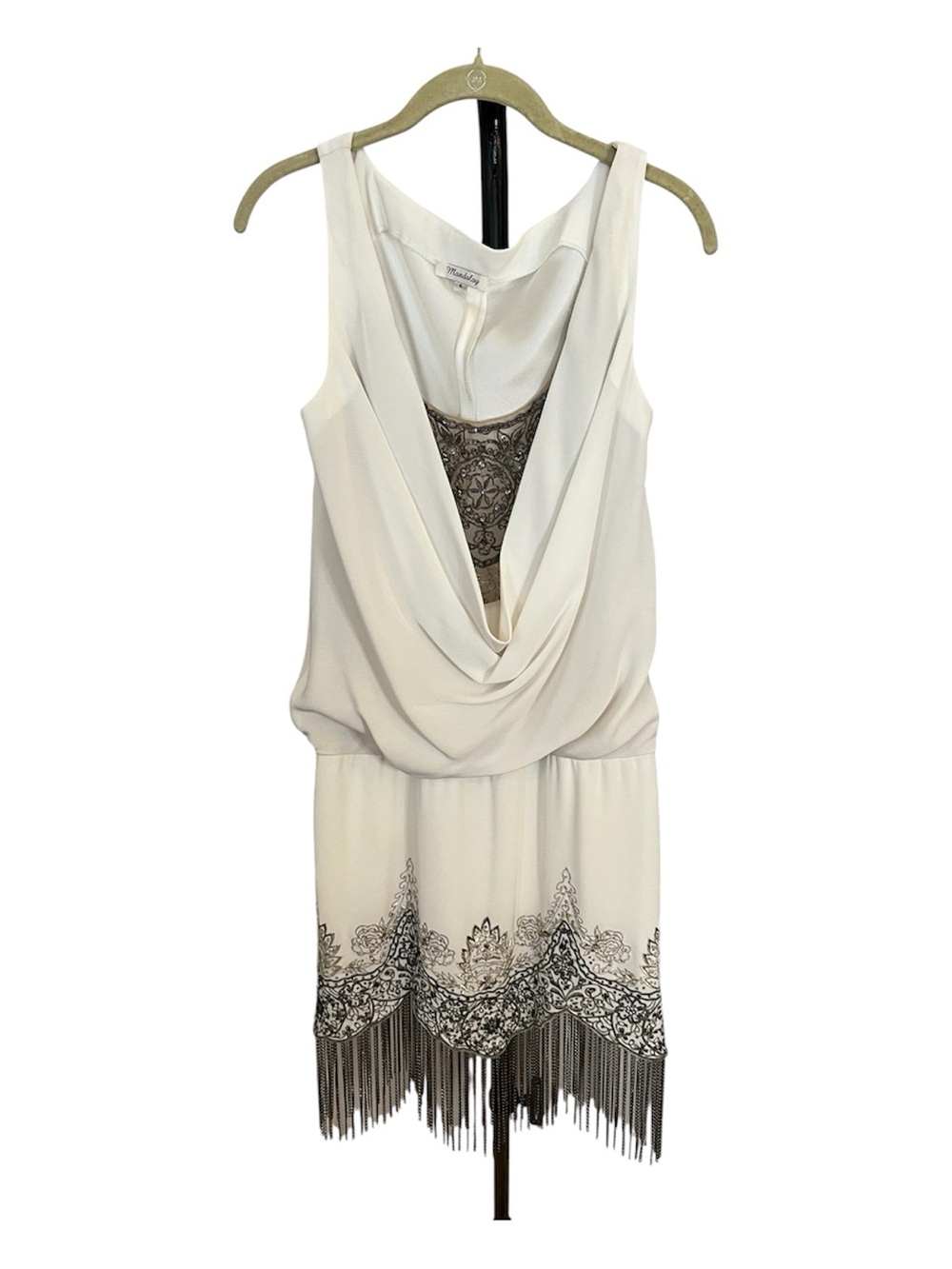 Mandalay Y2K Flapper Style Cowl Neck Mini Dress with Beaded Lace & Metal Fringe